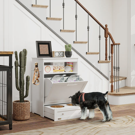 Pet Feeder Station Storage Cabinet, Dog Food Storage Container With Dog Raised Bowls, Watering Supplies, White EcoBark Pet Supplies