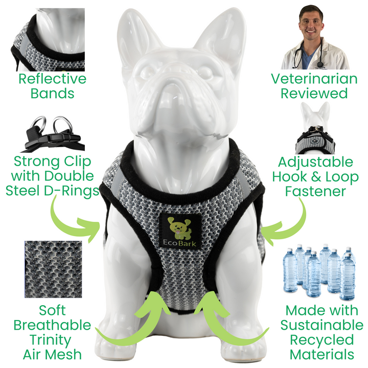 EcoBark Steel Gray Step In Dog Harness - Rapid Fastener Reflective Soft Mesh Vest Halter for Puppies and XXXS to Small Dogs