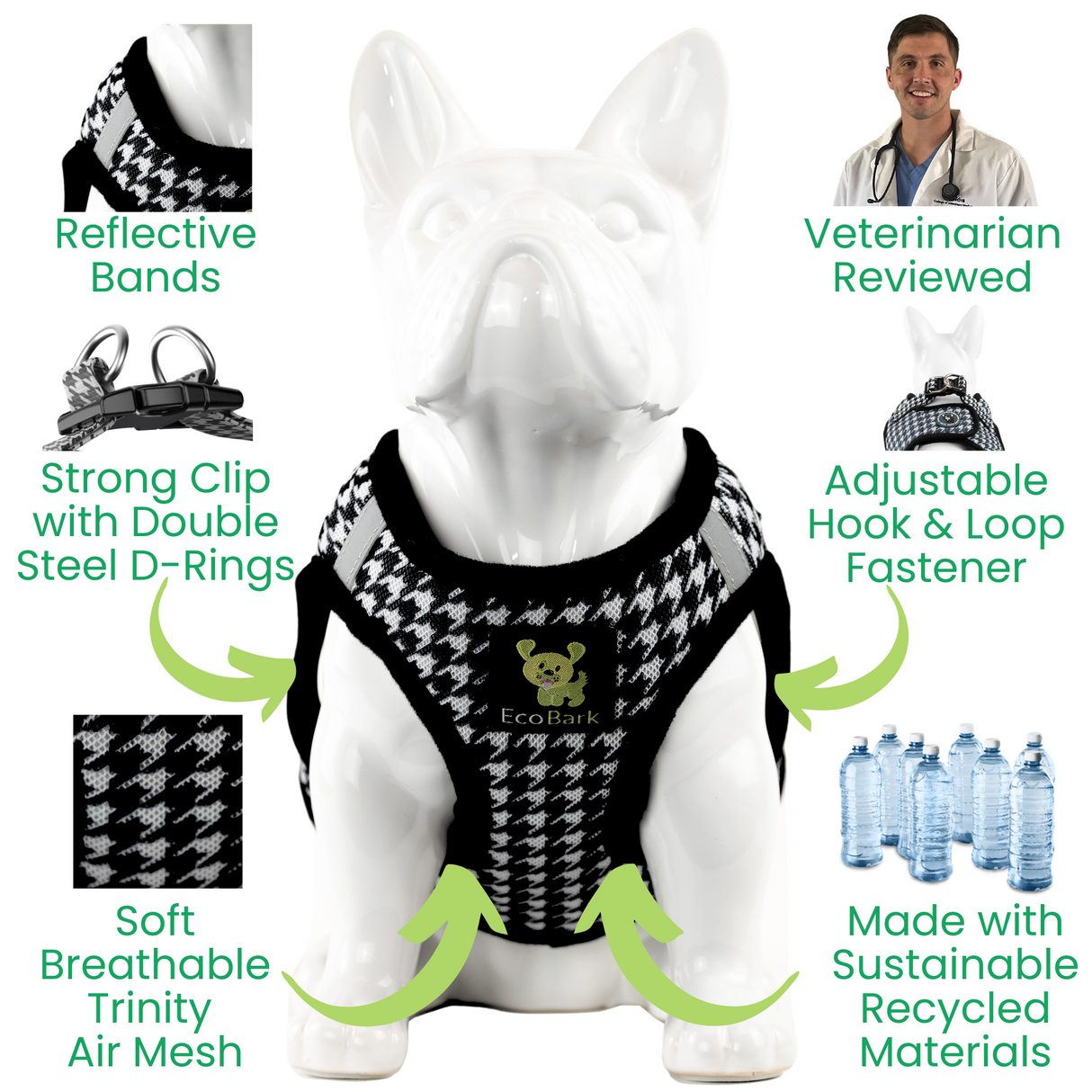 White dog mannequin wearing a black and white houndstooth dog harness, highlighting features like reflective bands, strong D-rings, adjustable fastener, breathable mesh, and sustainable materials. Veterinarian reviewed.