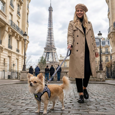 Long-haired Chihuahua wearing a small Houndstooth Step-In Dog Harness and matching leash, walking on a cobblestone street with the Eiffel Tower in Paris.