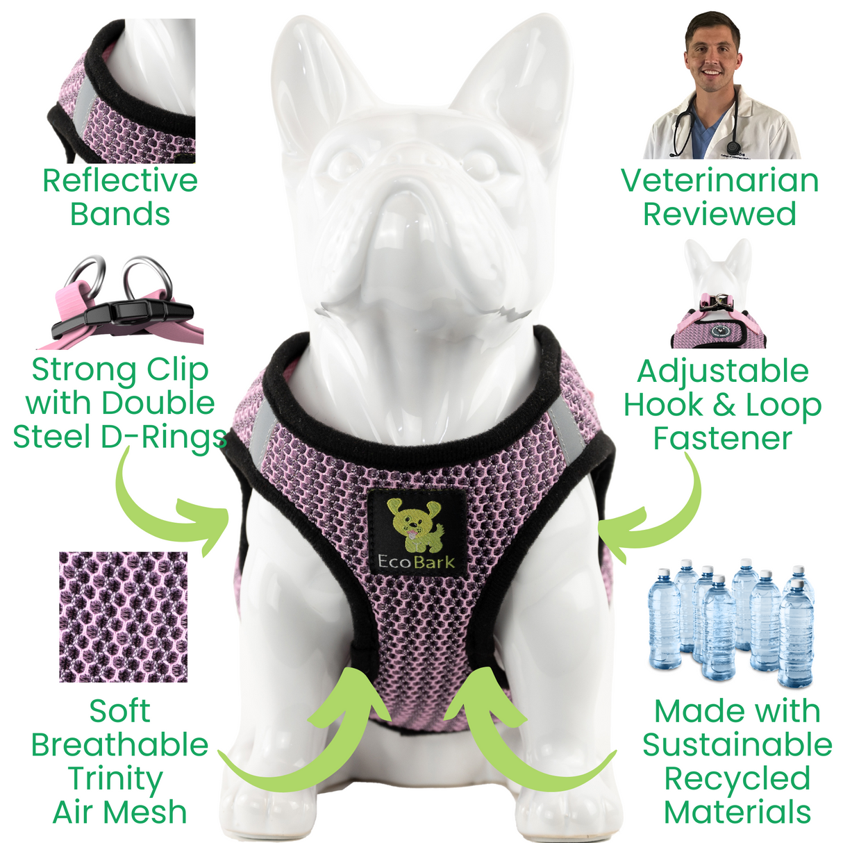 EcoBark Step In Dog Harness - XXXS to Small Breeds- Reflective Soft Mesh Harness for Teacup, Small Dogs and Puppies / Lilac Pink