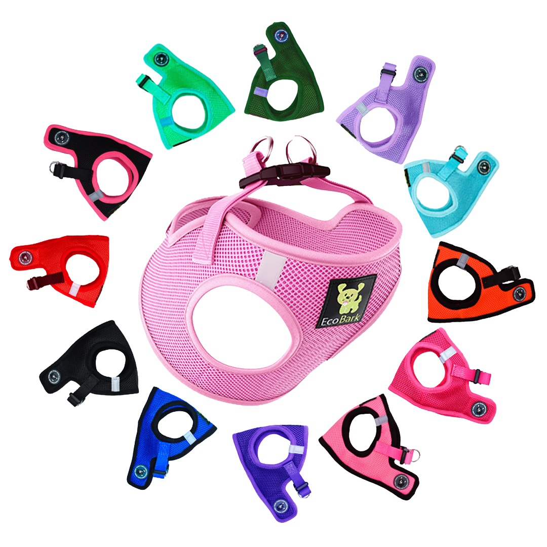 EcoBark Baby Pink step-in dog harness centered and surrounded by a variety of colorful mesh dog harnesses in a circular layout