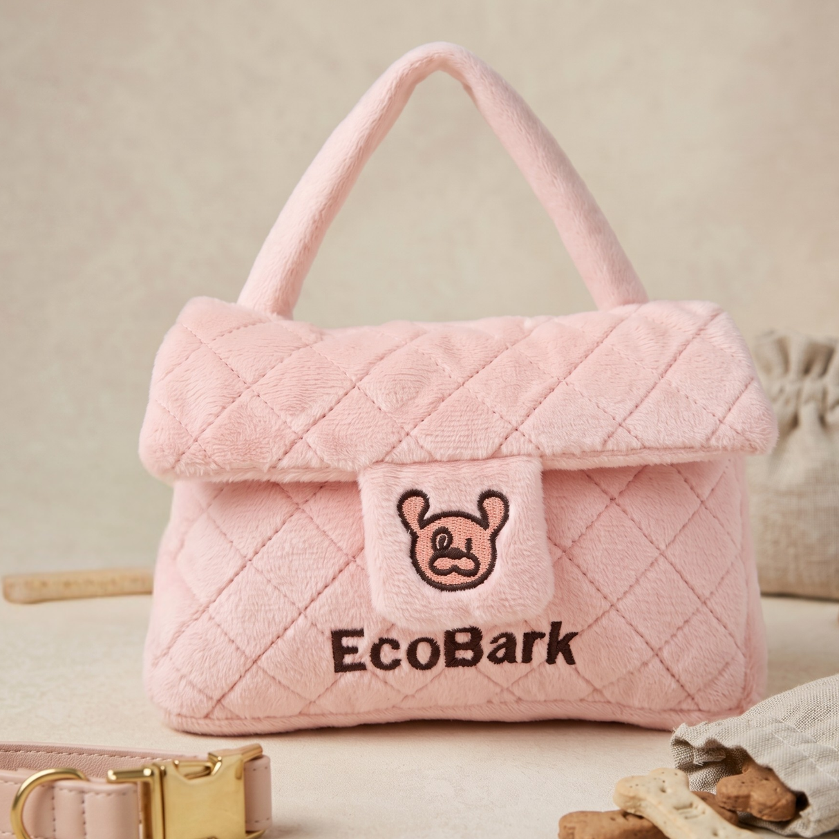 Cute EcoBark Plush Purse Dog Toy | Pink Quilted Pet Handbag