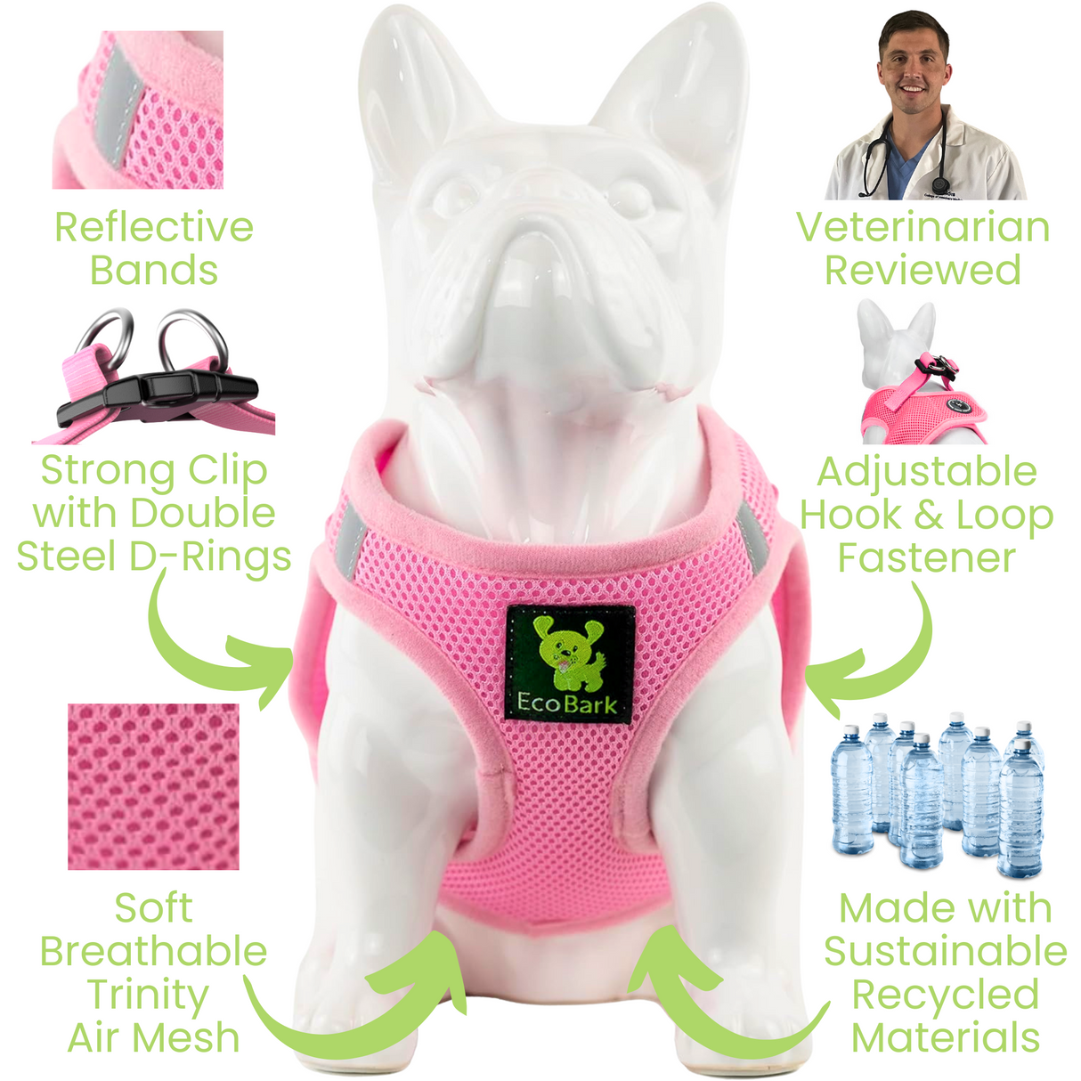 EcoBark Baby Pink Dog Harness showing Reflective Bands, Strong Clip, Soft Breathable Mesh, Adjustable Fastener, and Made with Recycled Materials