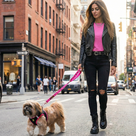 A woman walking a small Shih Tzu wearing an EcoBark mesh black and pink reflective step-in dog harness and matching leash on a city street