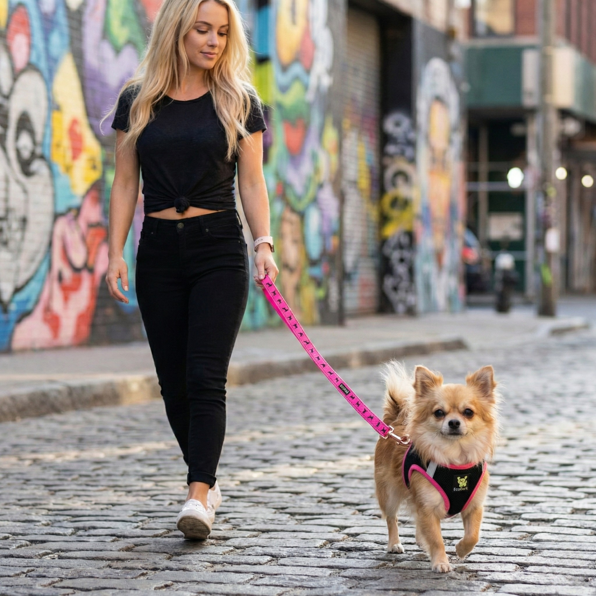 Woman walking a small chihuahua dog wearing an EcoBark mesh black and pink step-in dog harness and matching leash on a city street.