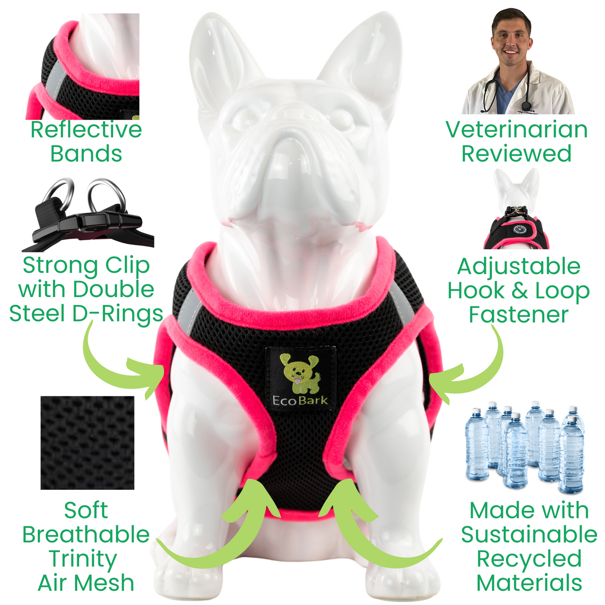 nfographic showing a white dog mannequin wearing an EcoBark mesh black and pink small step-in harness. Callouts highlight features including reflective bands, strong clip with double steel D-rings, soft breathable Trinity air mesh, adjustable hook and loop fastener, sustainable eco-friendly recycled materials, and veterinarian reviewed status.