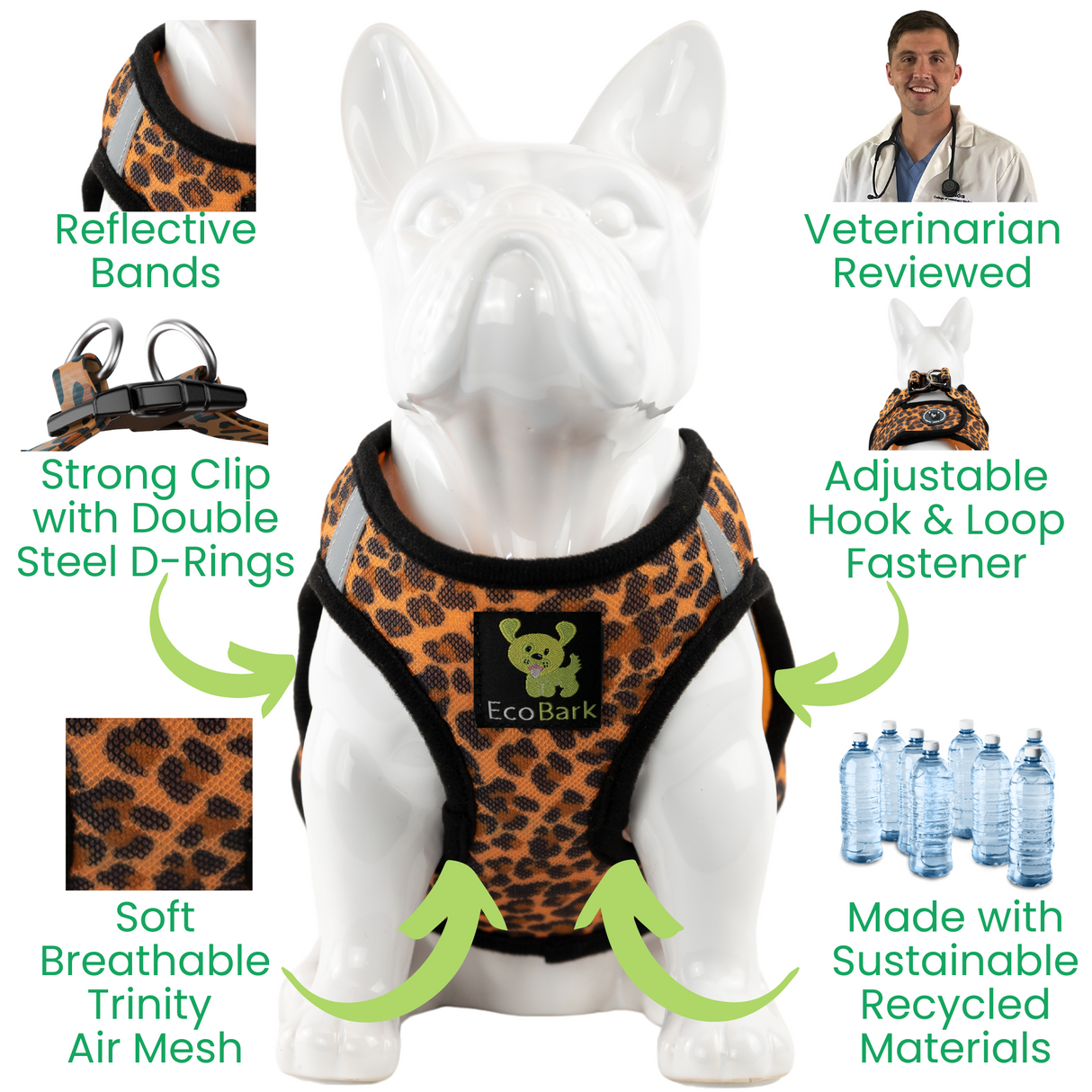 Infographic for the Cheetah print EcoBark mesh step-in dog harness highlighting features: reflective bands, veterinarian reviewed, strong clip with double D-rings, adjustable hook and loop fastener, soft breathable mesh, and sustainable recycled materials.