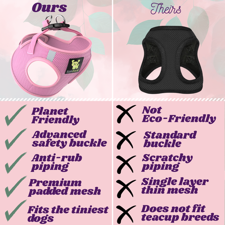 Comparison of EcoBark pink dog harness versus a black competitor harness, highlighting EcoBark's planet-friendly materials, advanced buckle, anti-rub piping, padded mesh, and teacup dog fit.