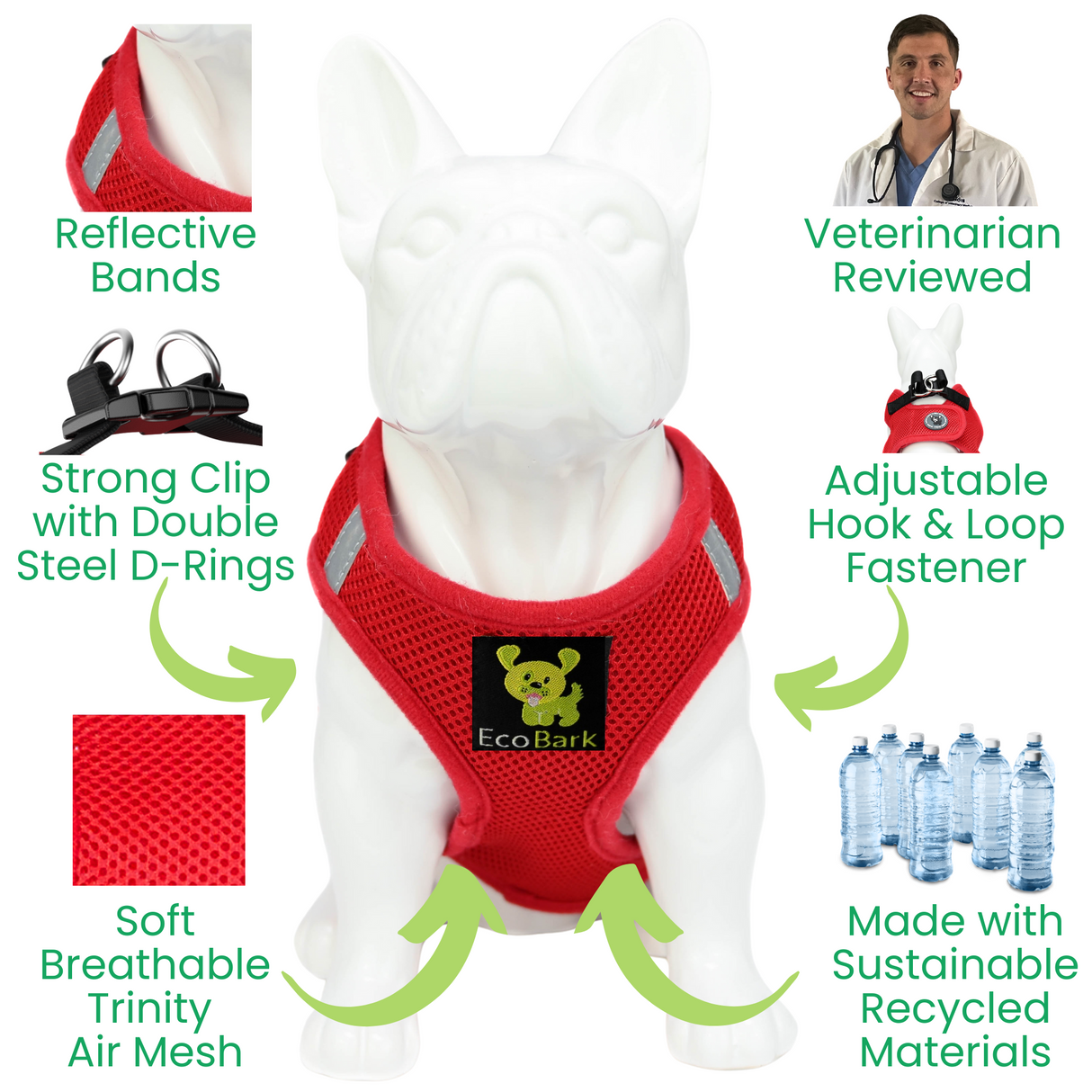 Infographic detailing the features of the red EcoBark step-in dog harness on a white dog model. Features include reflective bands, a strong clip with double steel D-rings, soft breathable air mesh, an adjustable hook and loop fastener, and it is made with sustainable recycled materials and reviewed by veterinarians.