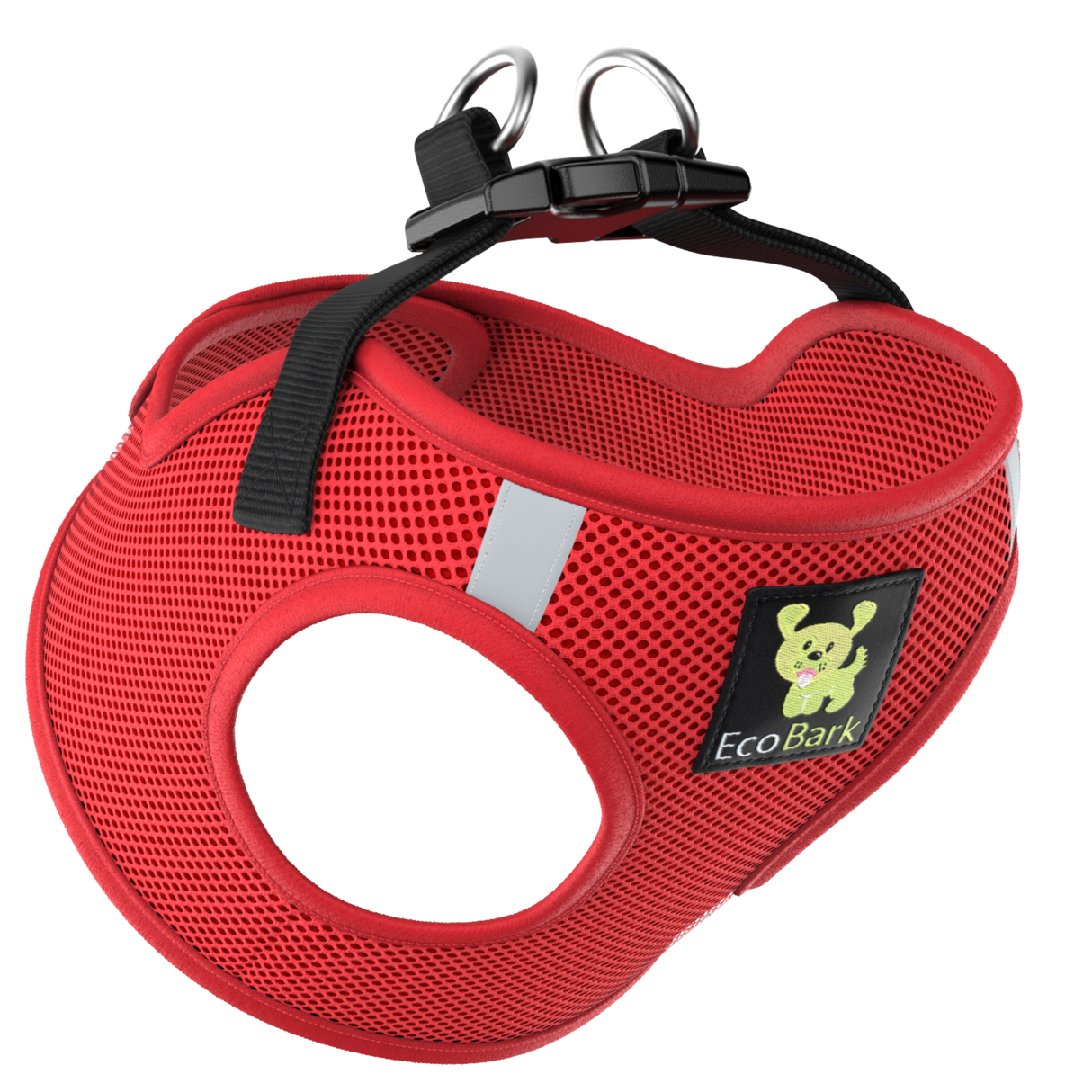 Red EcoBark breathable mesh step-in dog harness for small dogs, featuring black adjustable straps, a quick-release buckle, and double steel D-rings