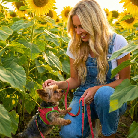 A woman smiling at her teacup Yorkshire Terrier in a bright sunflower field. The small dog is wearing an EcoBark mesh step-in reflective dog harness and matching leash in the watermelon pattern.