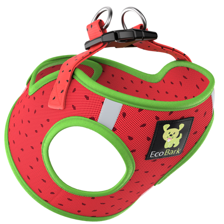 EcoBark small mesh step-in dog harness in a red and green watermelon pattern, featuring breathable soft mesh and a reflective band