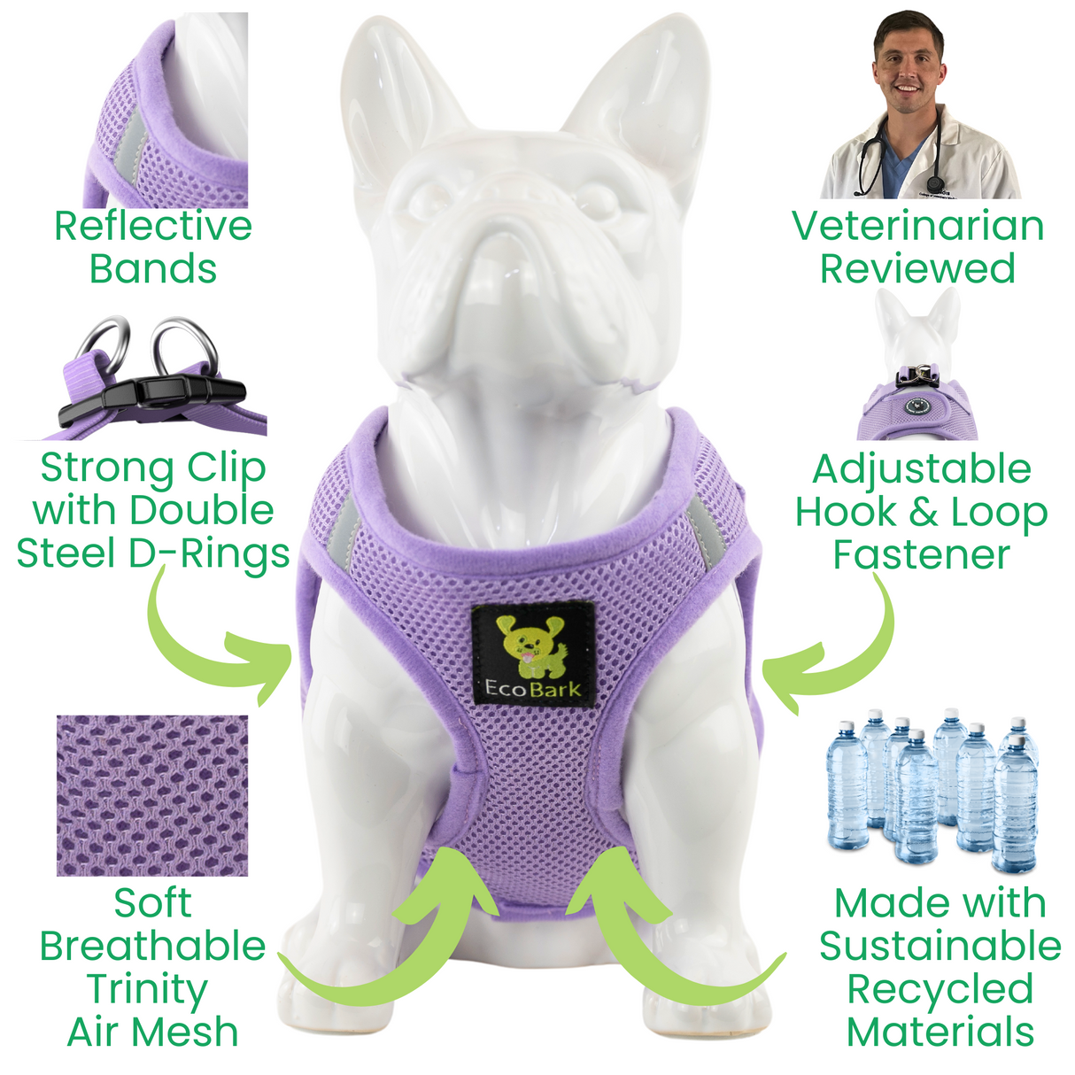 Infographic showing features of the Lavender EcoBark Step-In Dog Harness, highlighting: Veterinarian Reviewed design, Made with Sustainable Recycled Materials, Reflective Bands, and Soft Breathable Trinity Air Mesh.