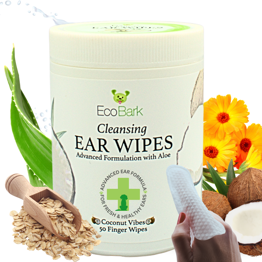 Tub of EcoBark coconut scented natural dog ear wipes for cleaning ears. Finger ear wipes surrounded by fresh aloe vera, oats, and coconuts.