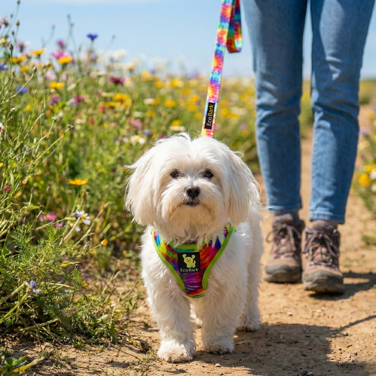 Small white Maltese dog hiking on a dirt path in an EcoBark mesh Tie Dye Step-In Dog Harness and matching leash through a field of wildflowers.