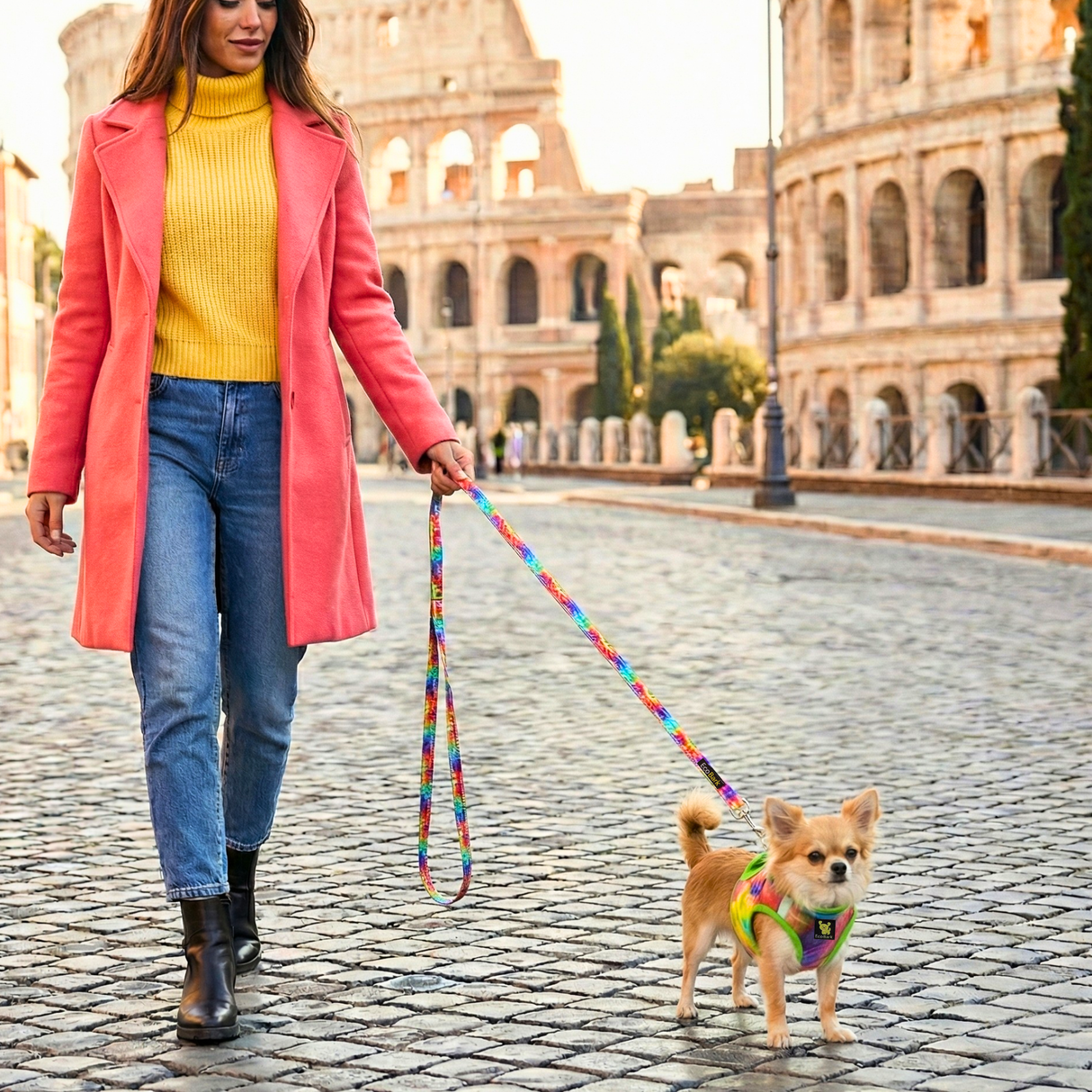Woman walking teacup chihuahua in a tie dye step in dog harness and matching leash in front of the Colosseum in Rome.