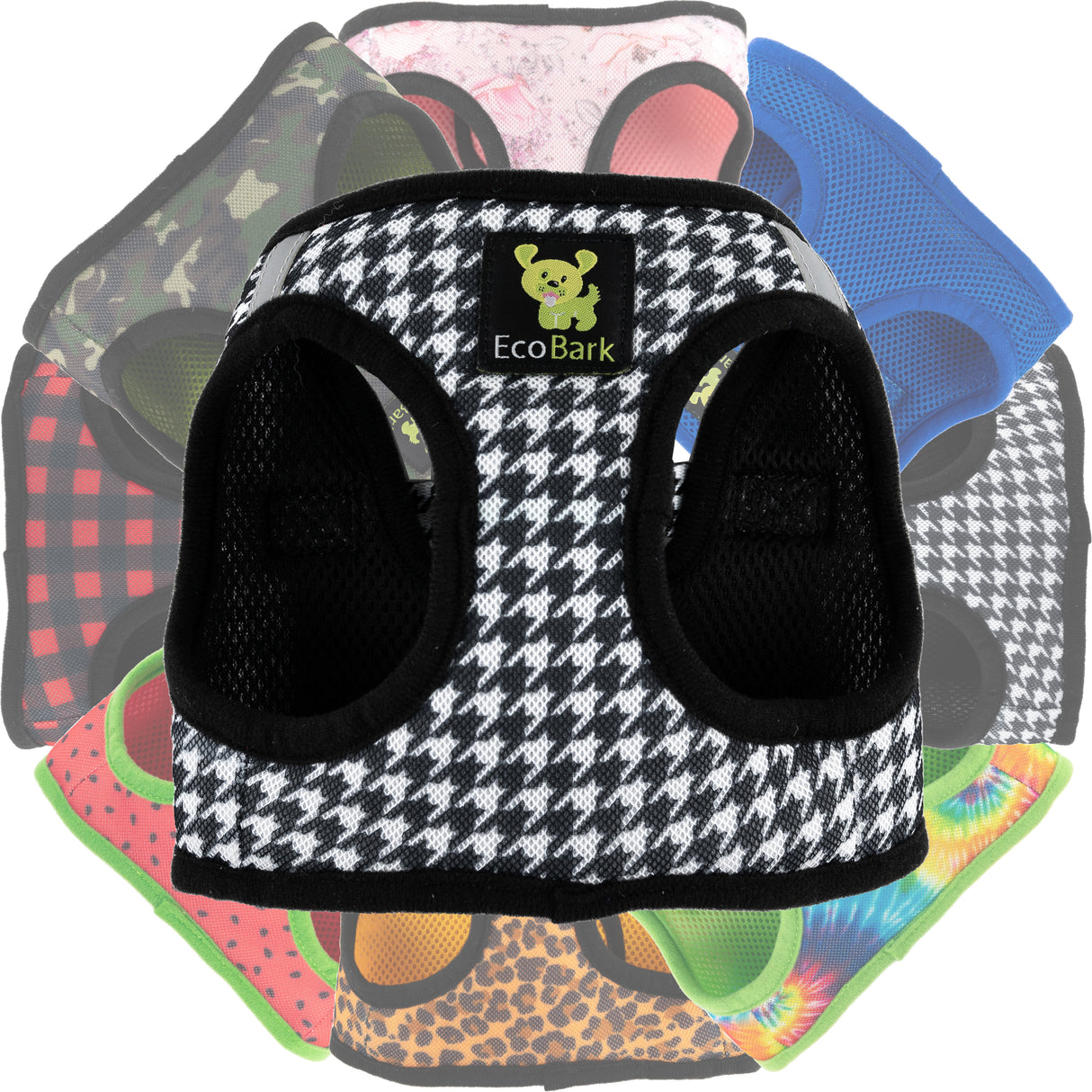 A collection of EcoBark Step-In Dog Harnesses in various colors and patterns including Houndstooth, Camo, Red Buffalo Plaid, and Tie-Dye, arranged in a circular flower pattern.