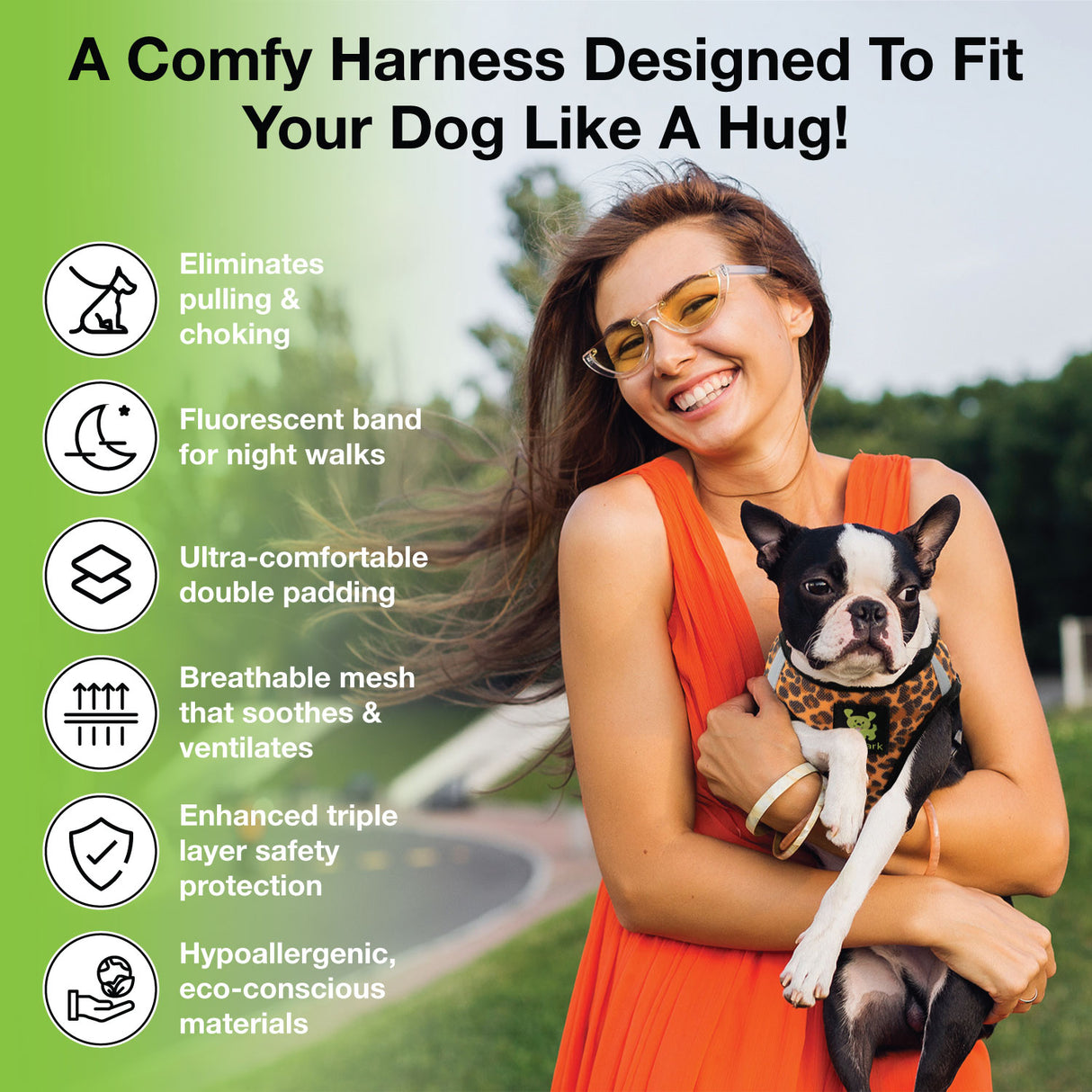 Infographic for the Cheetah print EcoBark small dog harness featuring a woman holding a Boston Terrier, with icons highlighting features: no-choke design, fluorescent reflective bands, double padding, breathable mesh, triple layer safety, and eco-conscious materials.