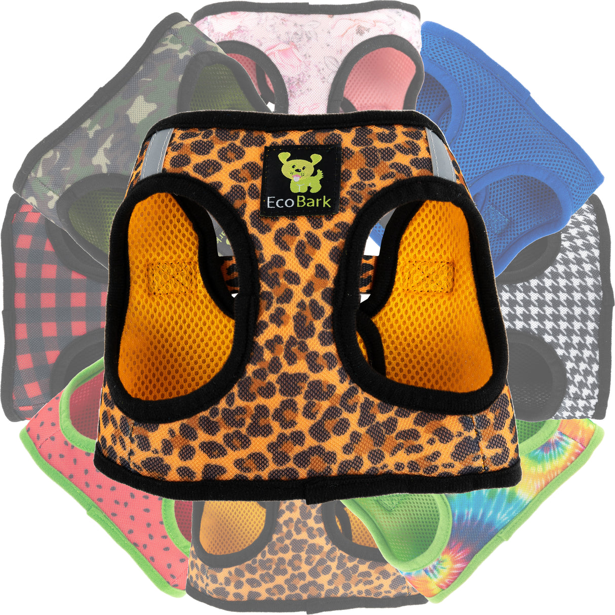 A collage of EcoBark mesh step-in dog harnesses in various designer patterns including Cheetah print, Rose Floral, Red Buffalo Plaid, and rainbow Tie Dye.