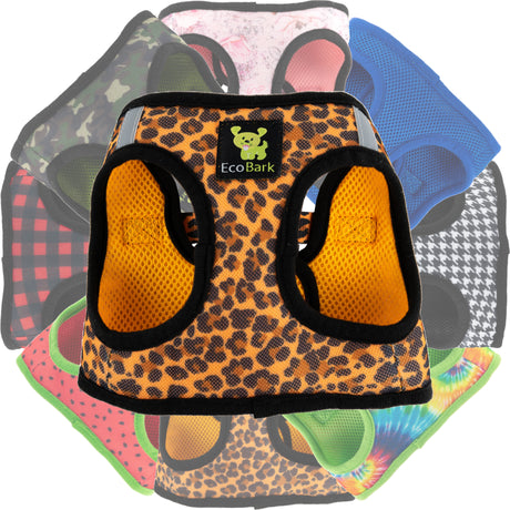 A collage of EcoBark mesh step-in dog harnesses in various designer patterns including Cheetah print, Rose Floral, Red Buffalo Plaid, and rainbow Tie Dye.