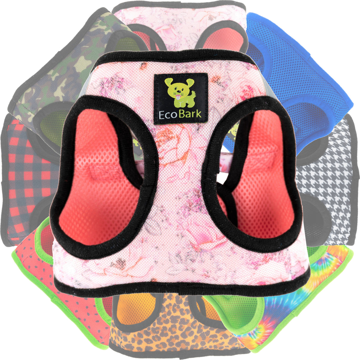 A collage of EcoBark step-in dog harnesses in various patterns including French Floral in the foreground and Red Buffalo Plaid, Cheetah print, and rainbow Tie Dye, in the back showing the variety of designer styles available.