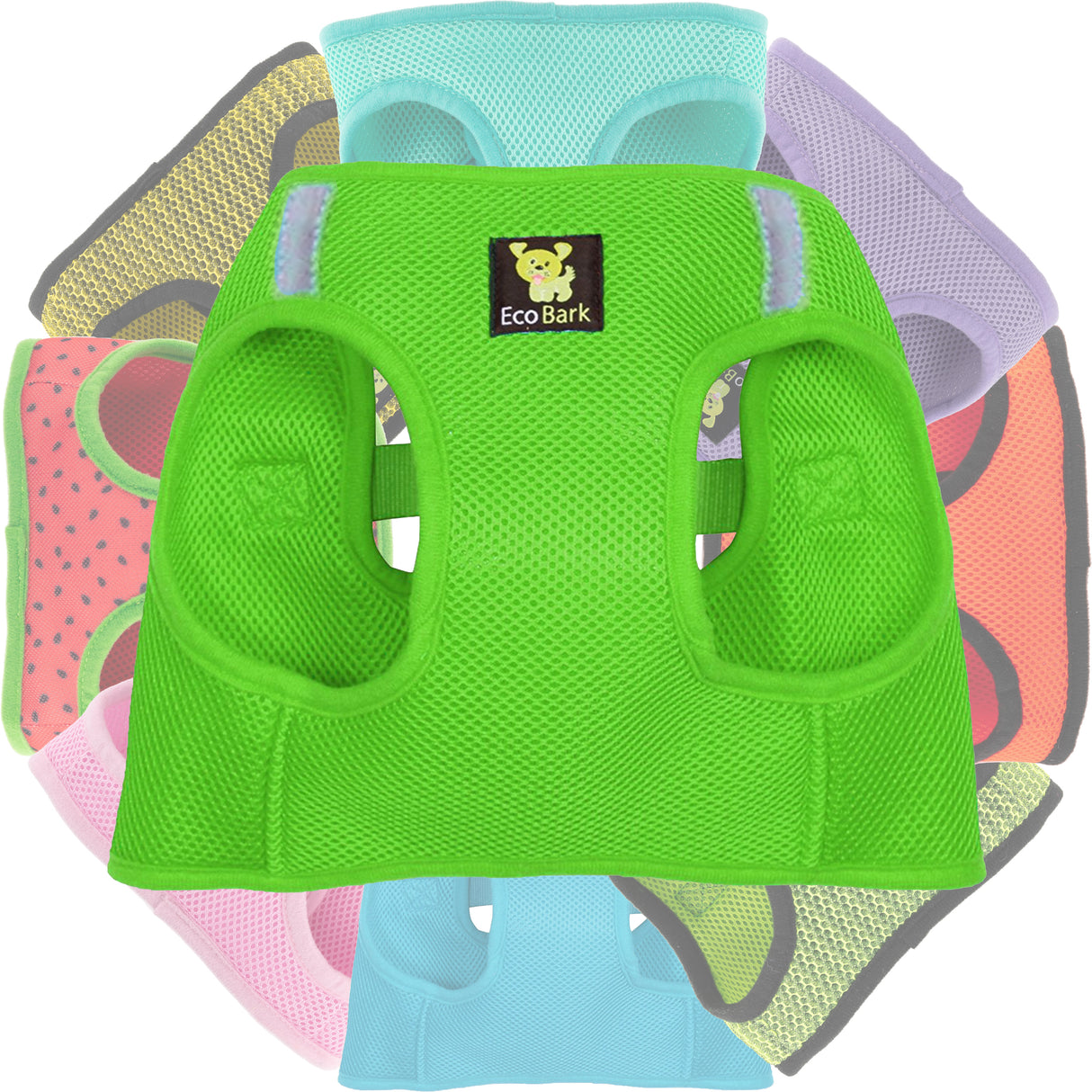 A stack of colorful EcoBark breathable mesh step-in dog harnesses, featuring a bright lime green harness prominently in the front with various other solid colors and fun patterns stacked behind it.