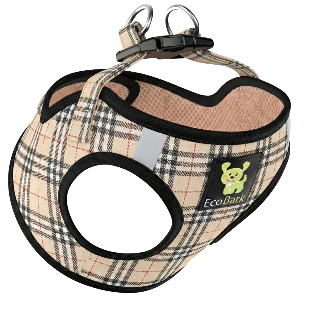 EcoBark Step In Dog Harness - XXXS to Small Breeds- Reflective Soft Mesh Harness for Teacup, Small Dogs and Puppies / Beige Plaid