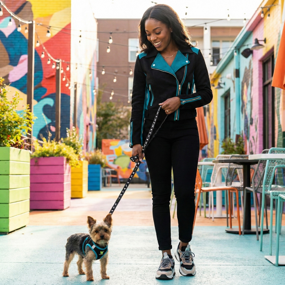 EcoBark Step In Dog Harness - XXXS to Small Breeds- Reflective Soft Mesh Harness for Teacup, Small Dogs and Puppies / Black w/ Teal Piping
