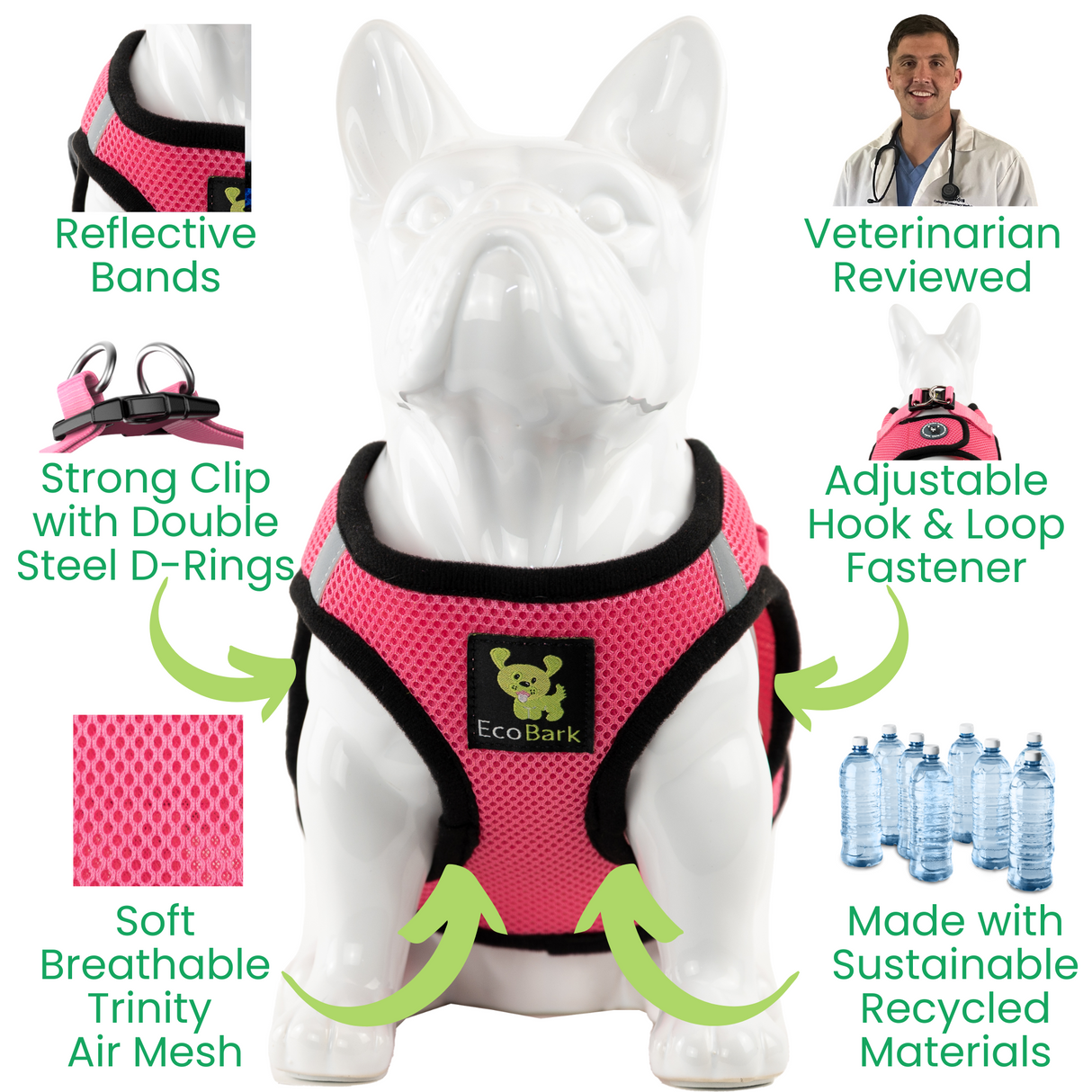 EcoBark Bubblegum Pink Step In Dog Harness - Reflective Soft Mesh Harness for Teacup, Small Dogs and Puppies