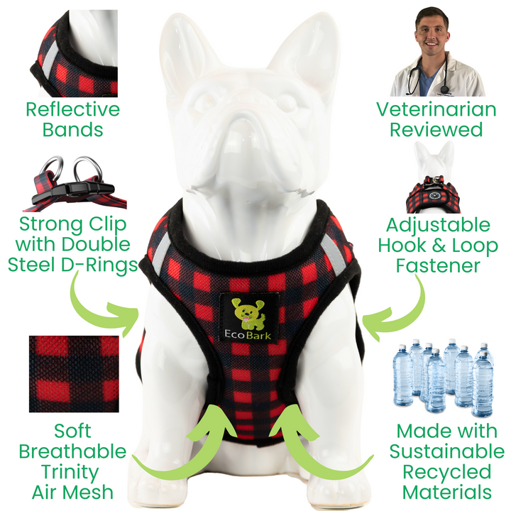 EcoBark Red Plaid Step In Dog Harness - Rapid Fastener Reflective Soft Mesh Dog Vest Halter for XXXS to Small Dogs and Puppies