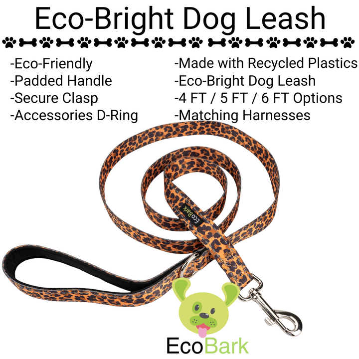 EcoBark Cheetah Dog Leash- Padded Comfort Grip Leash - 4ft, 5ft, and 6ft Leash for Small and Medium Dogs