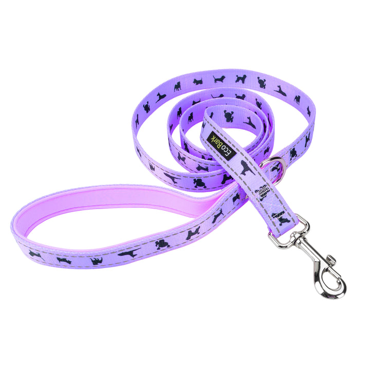 LAVENDER DOG LEASH- ECOBARK- COMFORT GRIP PADDED LEASH WITH DOG PATTERN DESIGN 5FT FOR SMALL AND MEDIUM DOGS