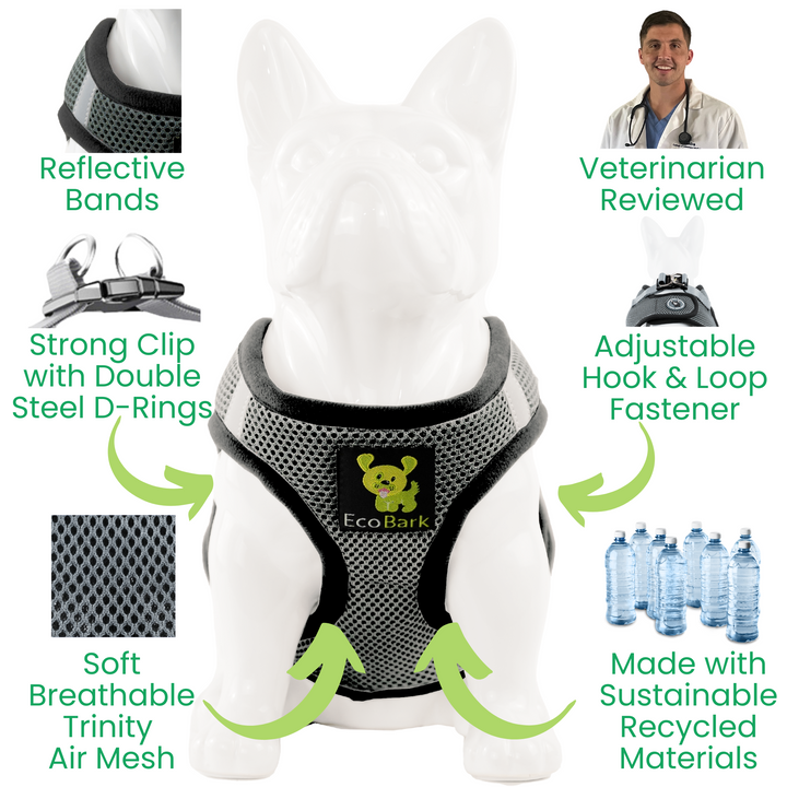 EcoBark Grey Step In Dog Harness - Reflective Soft Mesh Harness for Teacup, Small Dogs and Puppies