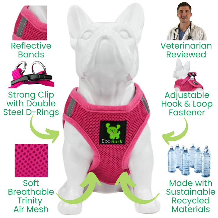 EcoBark Pink Teacup Dog Harness - Step In Soft Mesh Reflective Dog Vest Halter for XXXS to Small Dogs and Puppies