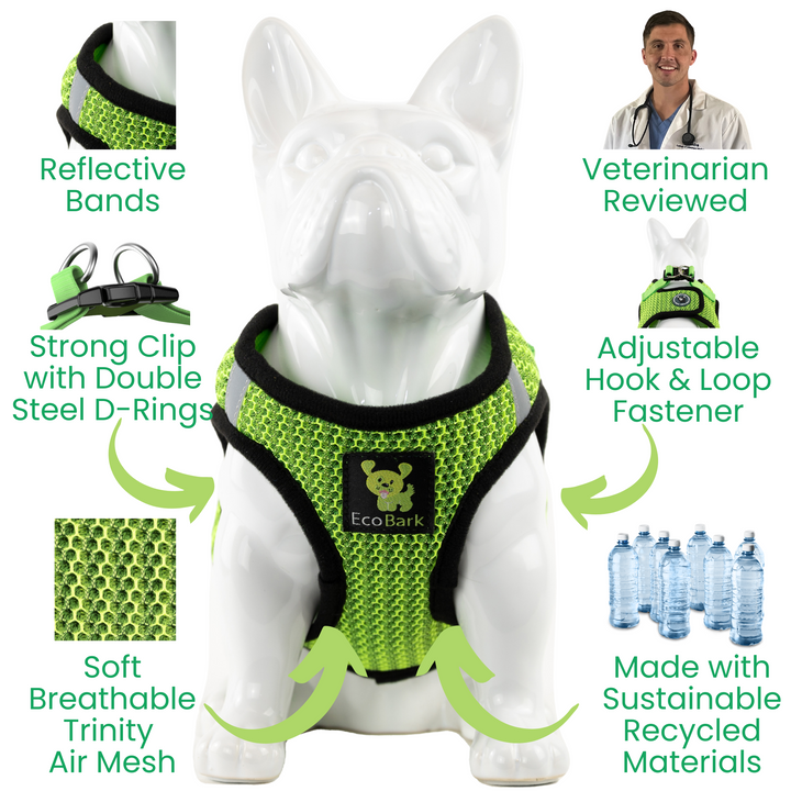 EcoBark Neon Green Step In Dog Harness - Rapid Fastener Reflective Soft Mesh Vest Halter for XXXS to Small Dogs and Puppies