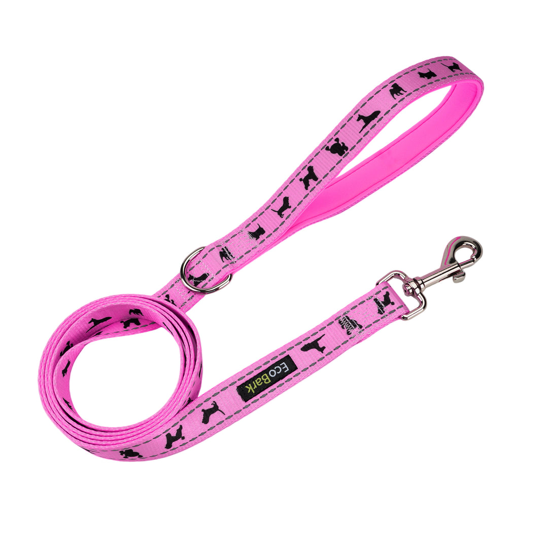 Fuchsia Pink Dog Leash- EcoBark- Hot Pink Comfort Grip Padded Leash with Dog Pattern Design 5ft for Small and Medium Dogs