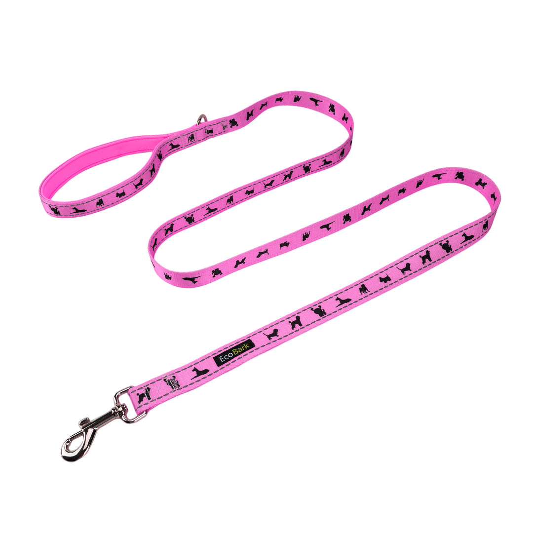 Fuchsia Pink Dog Leash- EcoBark- Hot Pink Comfort Grip Padded Leash with Dog Pattern Design 5ft for Small and Medium Dogs