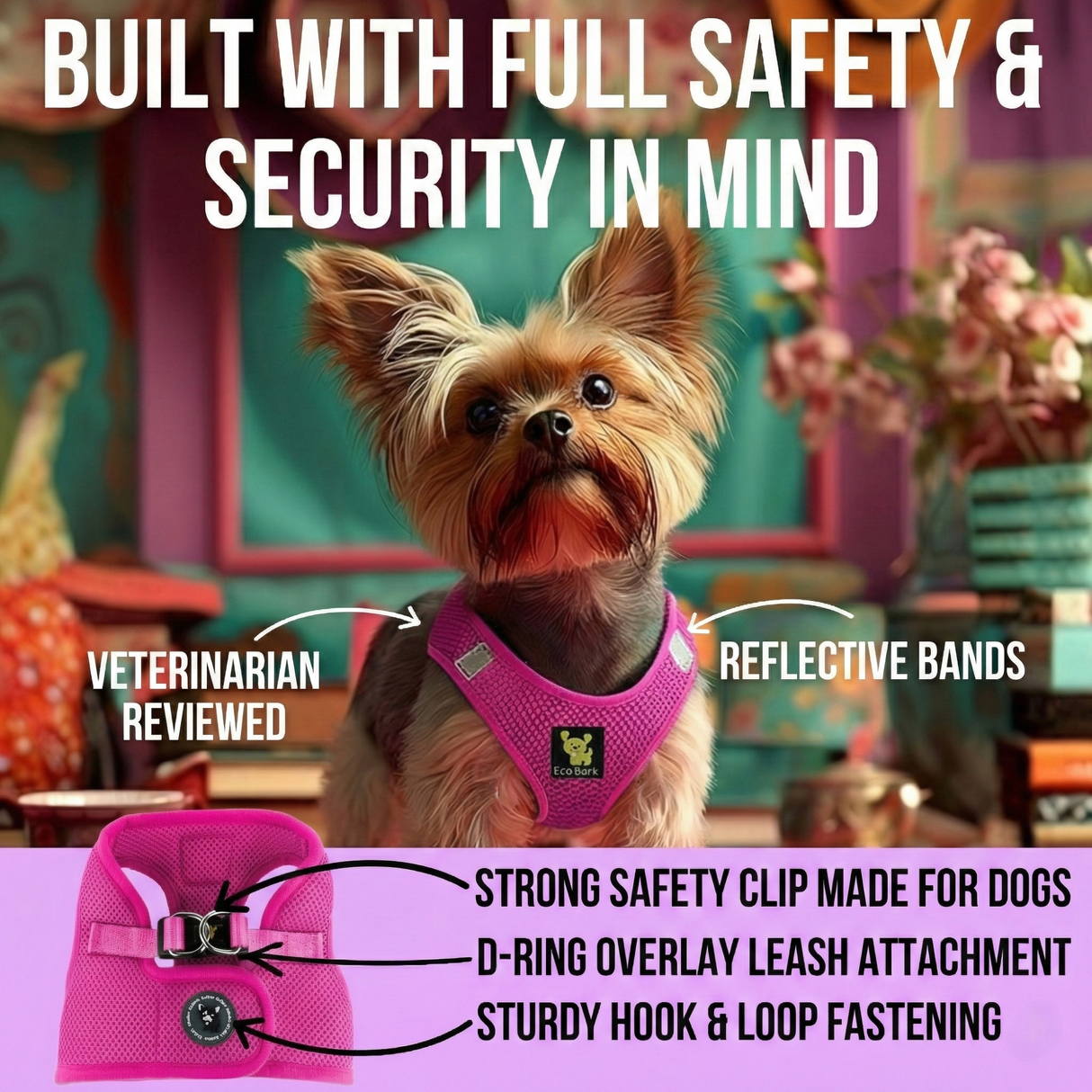 EcoBark Step In Dog Harness - XXXS to Small Breeds- Reflective Soft Mesh Harness for Teacup, Small Dogs and Puppies / Hot Pink