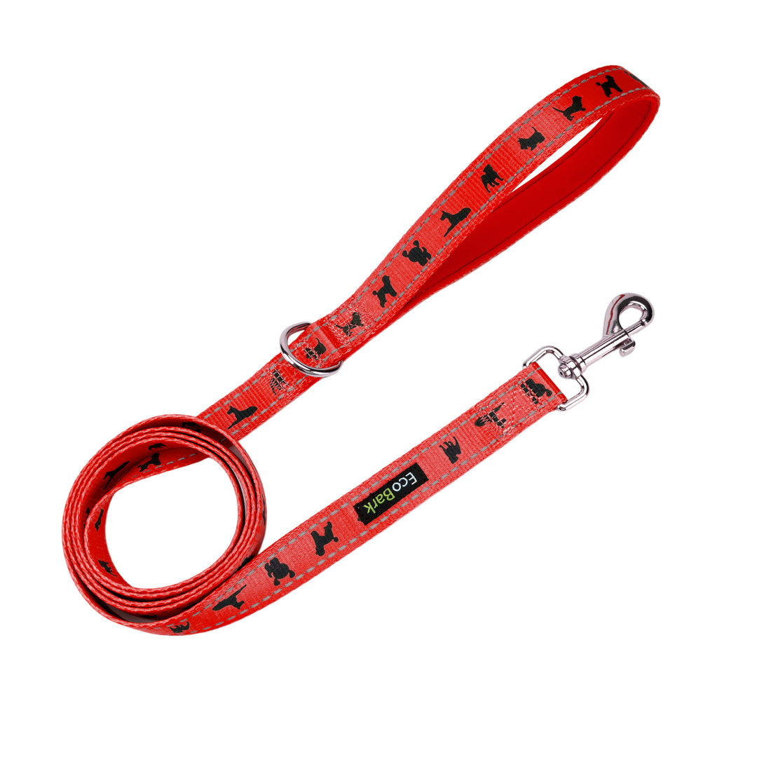 EcoBark Cherry Red Dog Leash- Padded Comfort Grip Leash with Dog Pattern - 5 Foot Leash for Small and Medium Dogs