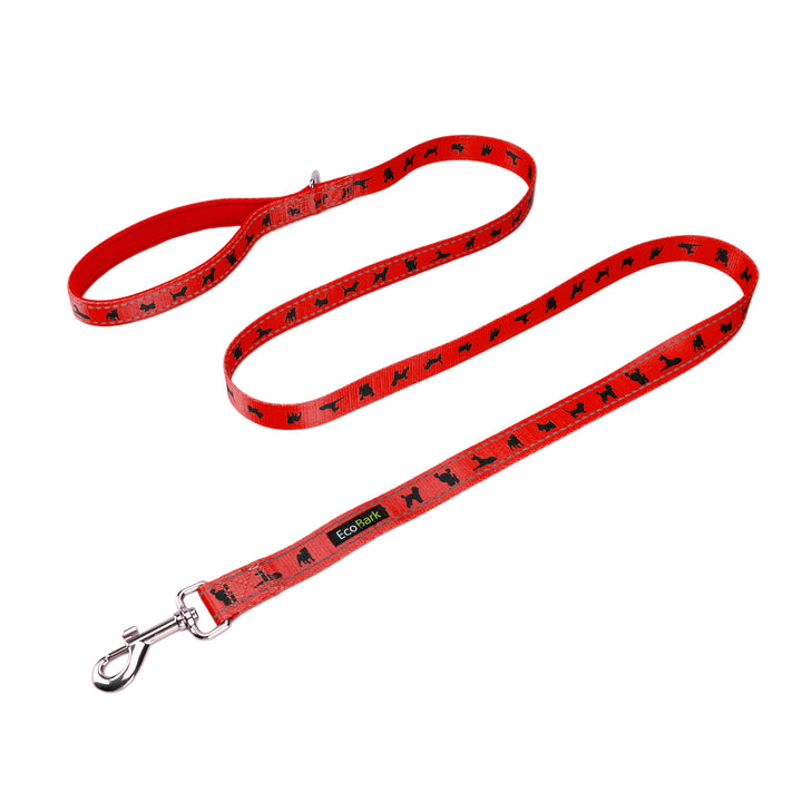 EcoBark Cherry Red Dog Leash- Padded Comfort Grip Leash with Dog Pattern - 5 Foot Leash for Small and Medium Dogs