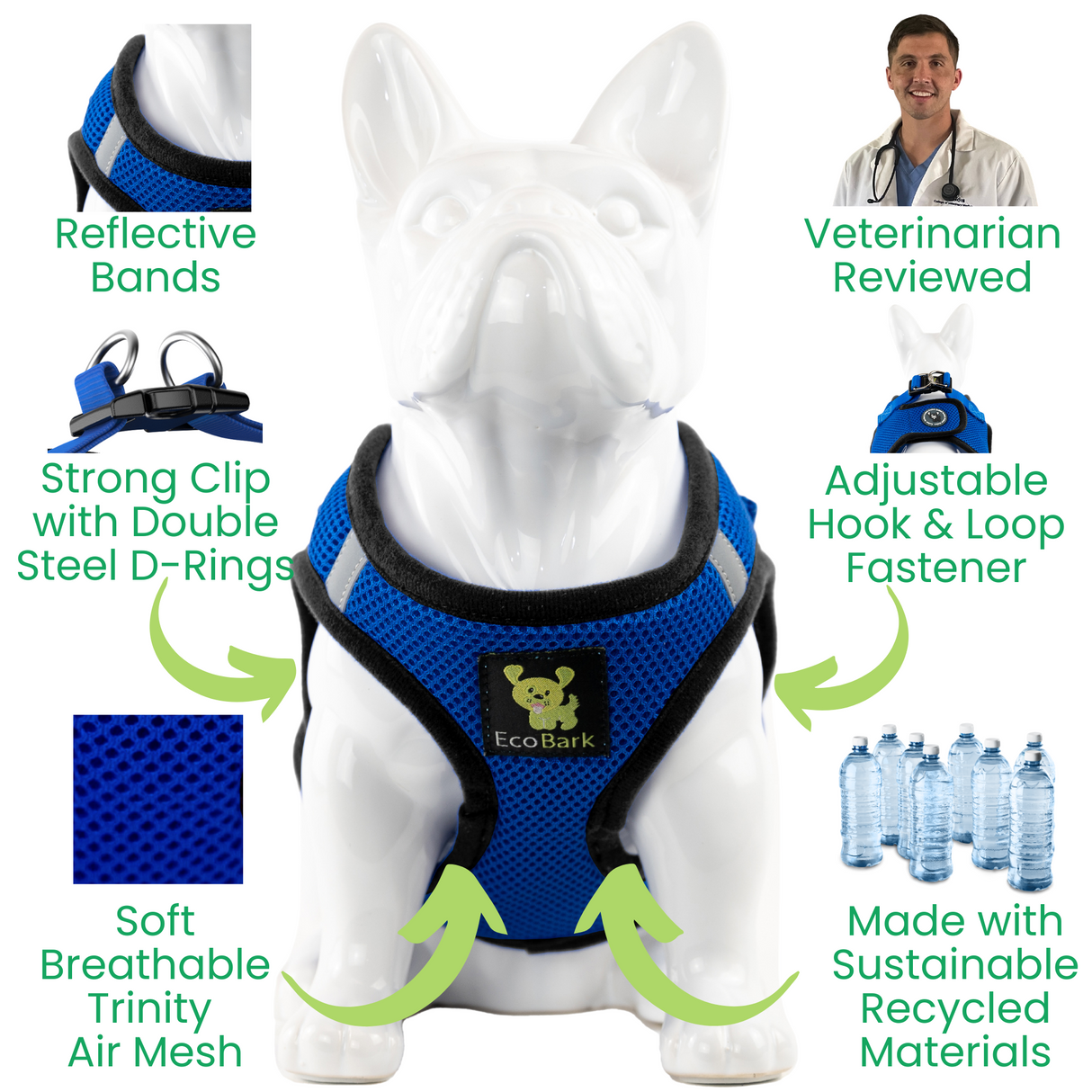 EcoBark Step In Dog Harness - XXXS to Small Breeds- Reflective Soft Mesh Harness for Teacup, Small Dogs and Puppies / Royal Blue