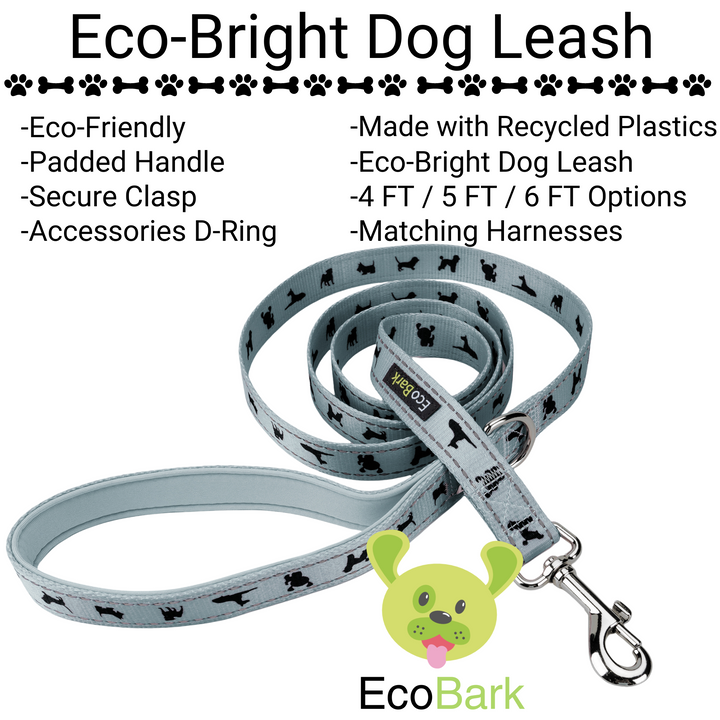 EcoBark Gray Dog Leash- Padded Comfort Grip Leash - 4ft, 5ft, and 6ft Leash for Small and Medium Dogs