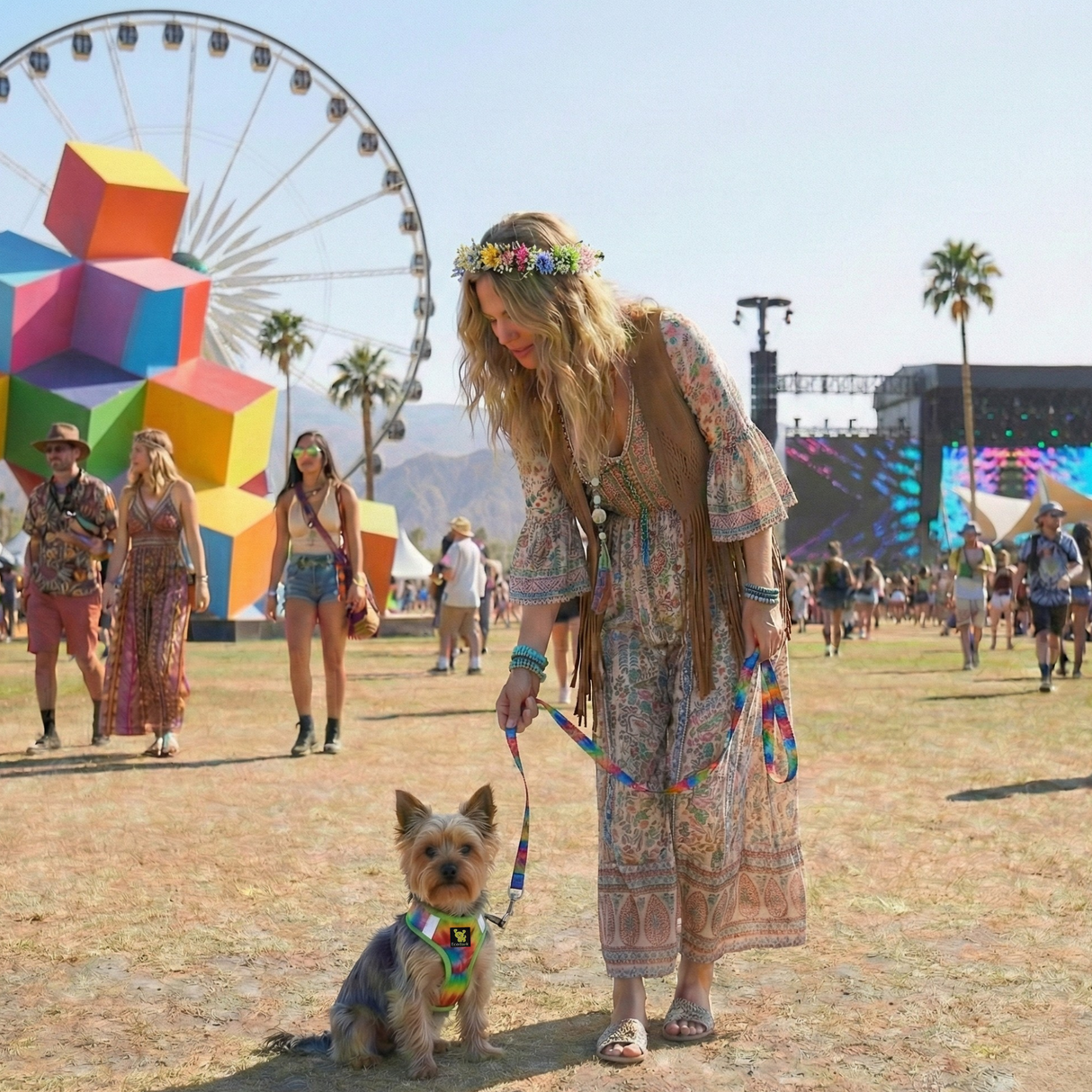 Woman with a tiny Yorkiewearing a tie dye step in dog harness and matching leash from EcoBark at a music festival with colorful decorations and ferris wheel in the background.