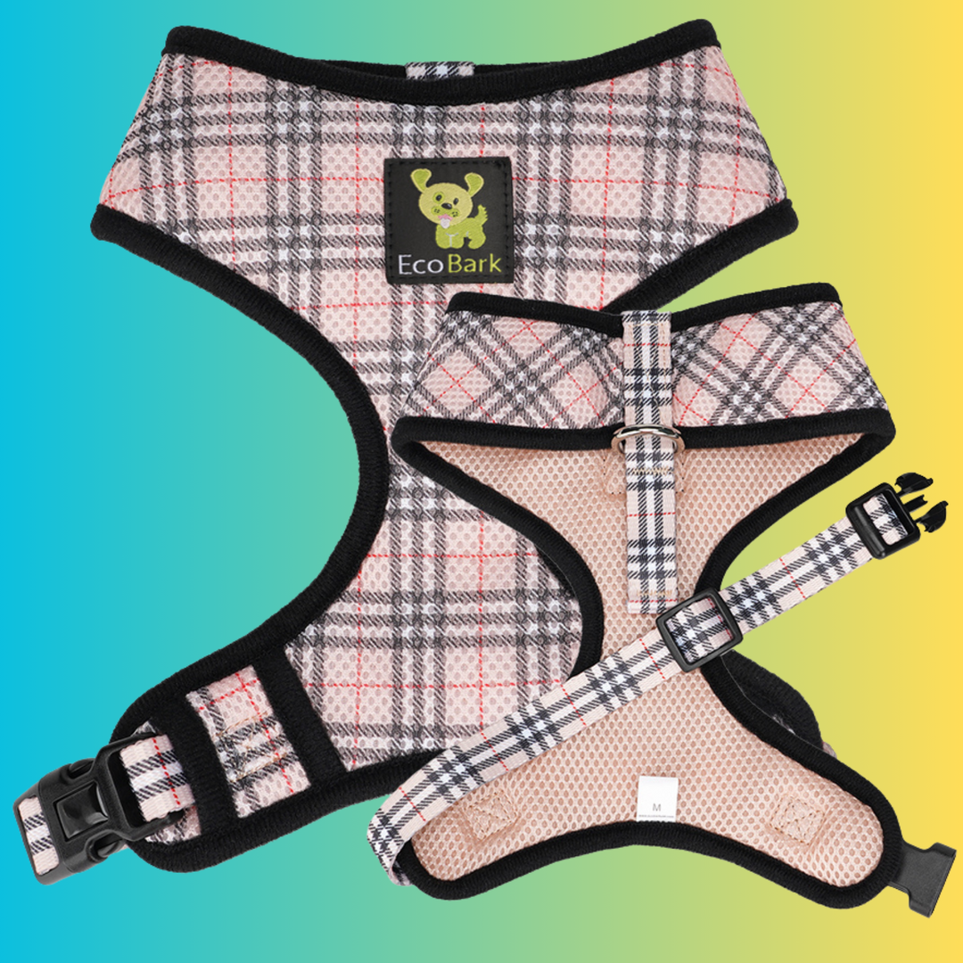 BEIGE PLAID DOG HARNESS - ECOBARK OVER-THE-HEAD DOG VEST HALTER TAN PLAID DOG VEST HALTER SOFT MESH FOR SMALL AND MEDIUM DOGS AND PUPPIES