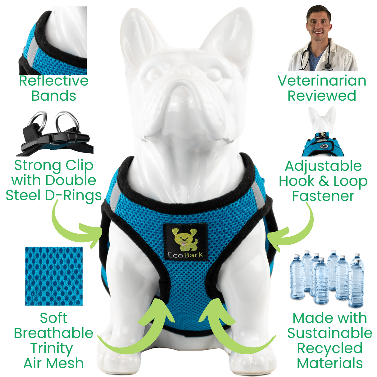 Teal Step In Dog Harness - Rapid Fastener Reflective Soft Mesh Vest Halter for Puppies and XXXS to Small Dogs
