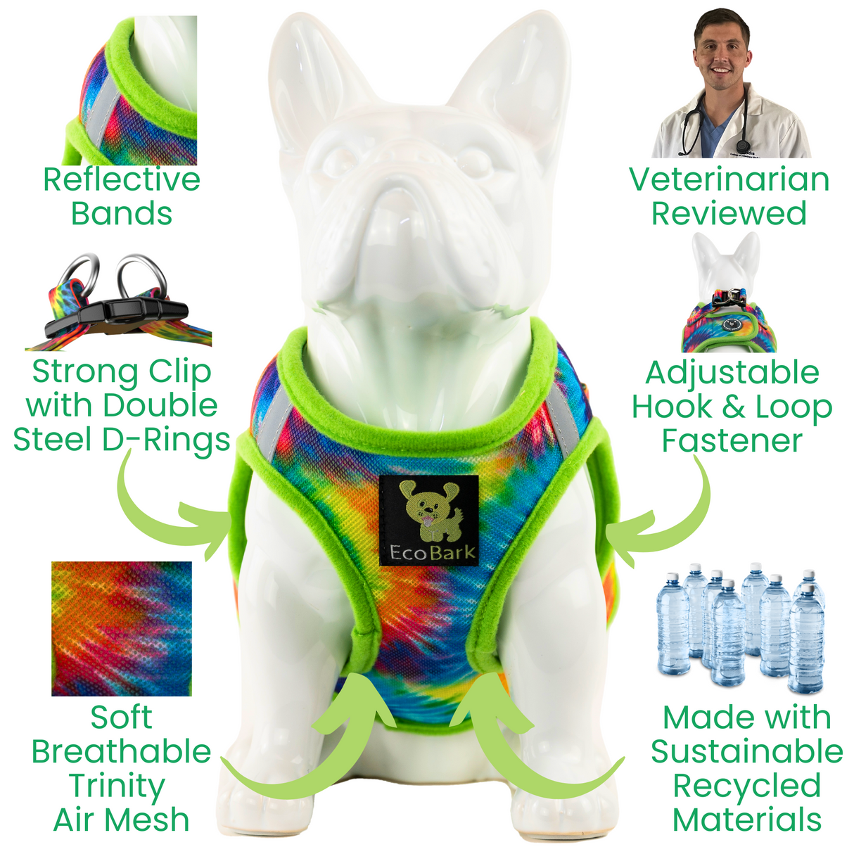EcoBark Step In Dog Harness - XXXS to Small Breeds- Reflective Soft Mesh Harness for Teacup, Small Dogs and Puppies / Tie-dye