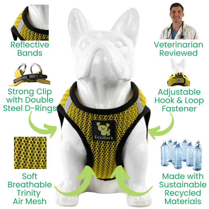 EcoBark Yellow Step In Dog Harness - Rapid Fastener Reflective Soft Mesh Vest Halter for XXXS to Small Dogs