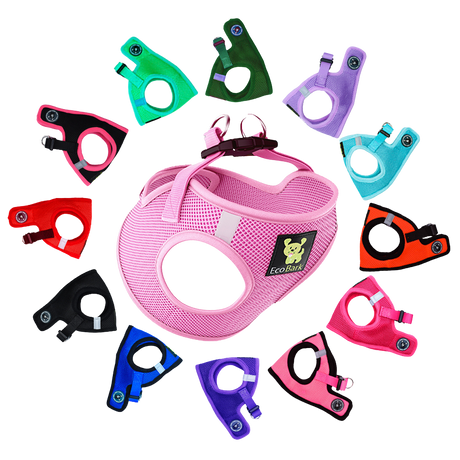 EcoBark Baby Pink step-in dog harness centered and surrounded by a variety of colorful mesh dog harnesses in a circular layout