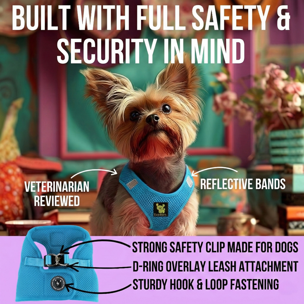 EcoBark Step In Dog Harness - XXXS to Small Breeds- Reflective Soft Mesh Harness for Teacup, Small Dogs and Puppies / Sky Blue